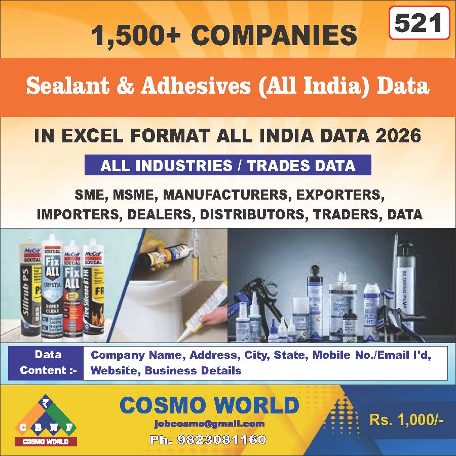 Sealant & Adhesives (All India) Database by CosmoDatabase — B2B Contact List with Emails and Phone Numbers