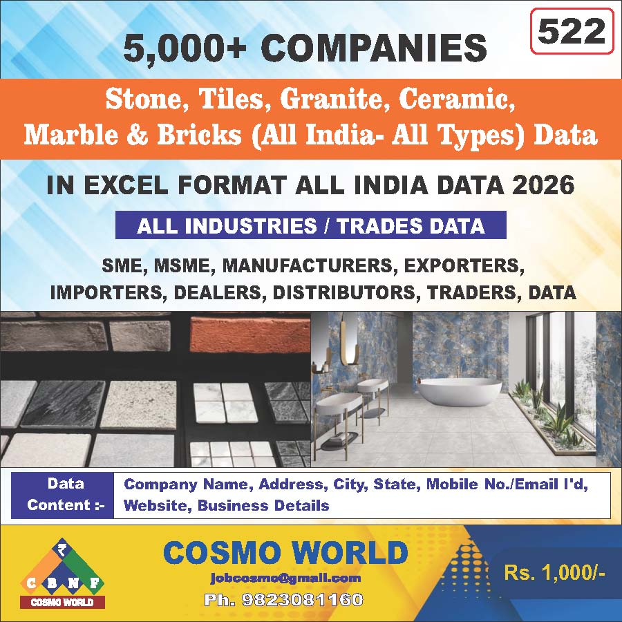 Stone, Tiles, Granite, Ceramic, Marble & Bricks (All India- All Types) Database by CosmoDatabase — B2B Contact List with Emails and Phone Numbers