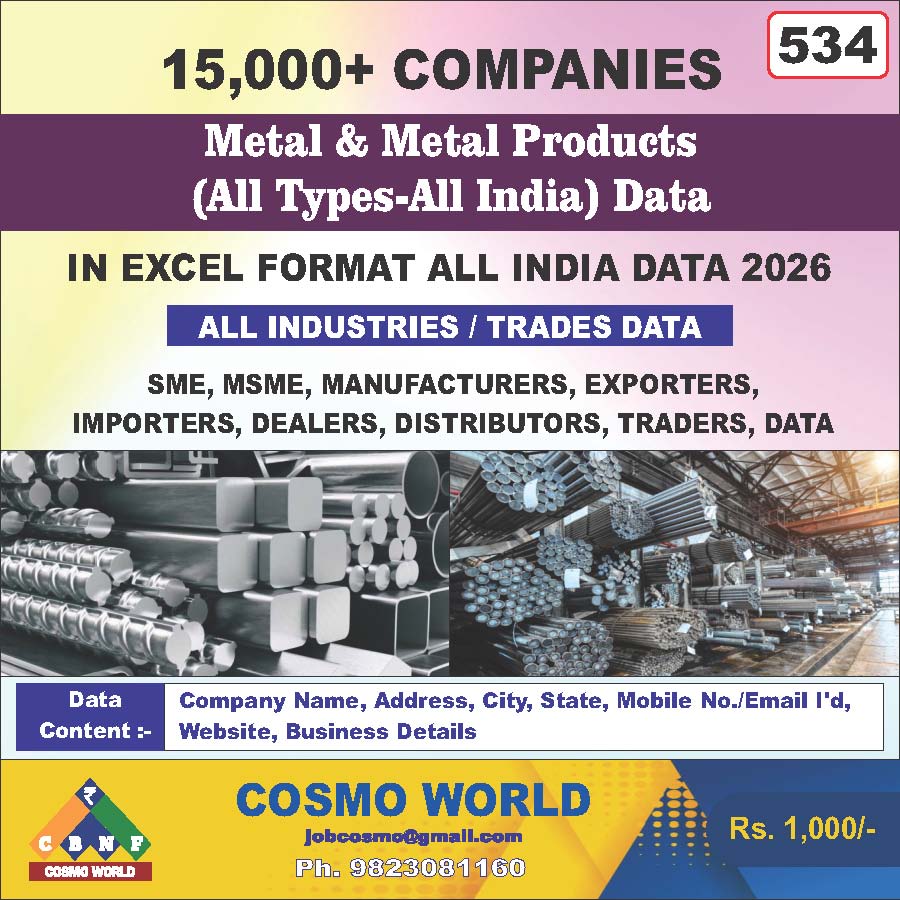 Metal & Metal Products (All Types-All India) Database by CosmoDatabase — B2B Contact List with Emails and Phone Numbers