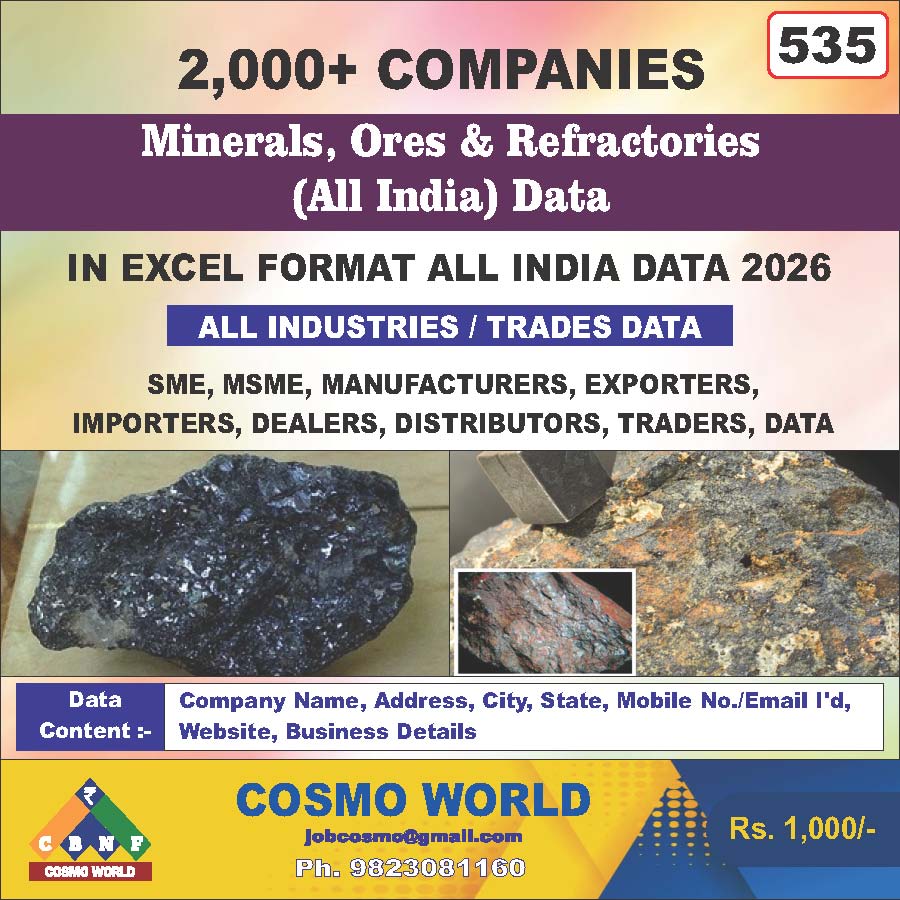 Minerals, Ores & Refractories (All India) Database by CosmoDatabase — B2B Contact List with Emails and Phone Numbers