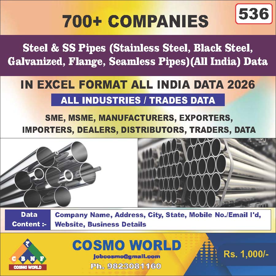 Steel & SS Pipes (Stainless Steel, Black Steel, Galvanized, Flange, Seamless Pipes)(All India) Database by CosmoDatabase — B2B Contact List with Emails and Phone Numbers