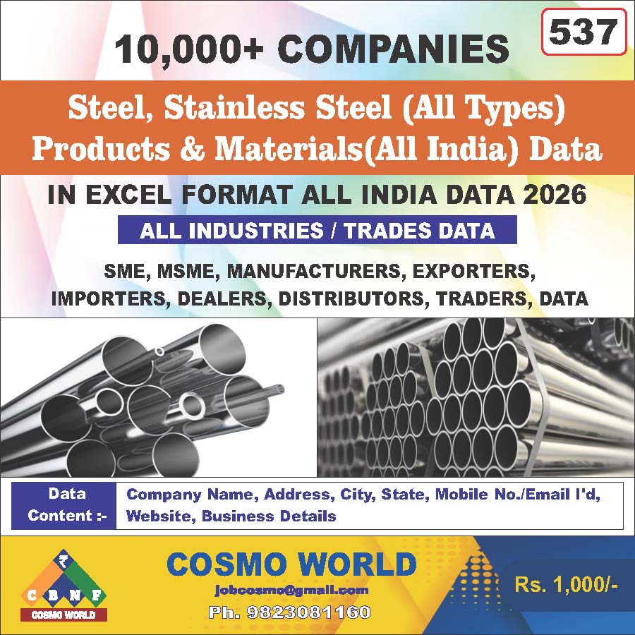 Steel, Stainless Steel (All Types) Products & Materials(All India) Database by CosmoDatabase — B2B Contact List with Emails and Phone Numbers
