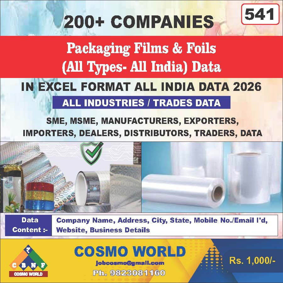 Packaging Films & Foils (All Types- All India) Database by CosmoDatabase — B2B Contact List with Emails and Phone Numbers