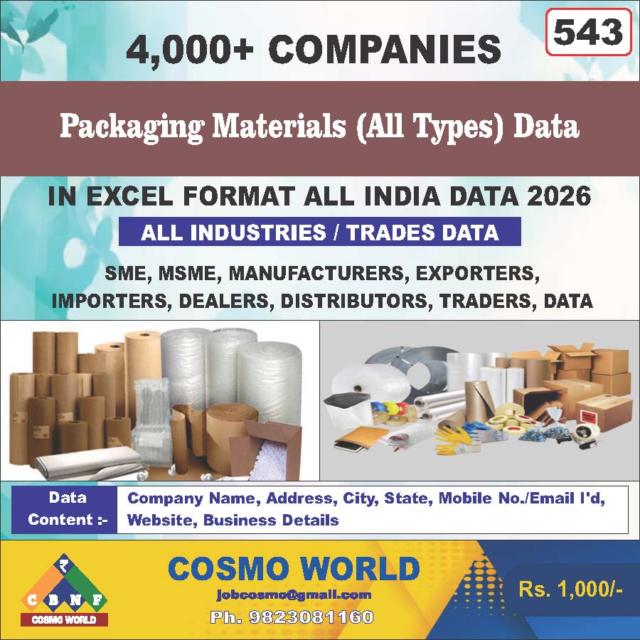 Packaging Materials (All Types) Database by CosmoDatabase — B2B Contact List with Emails and Phone Numbers