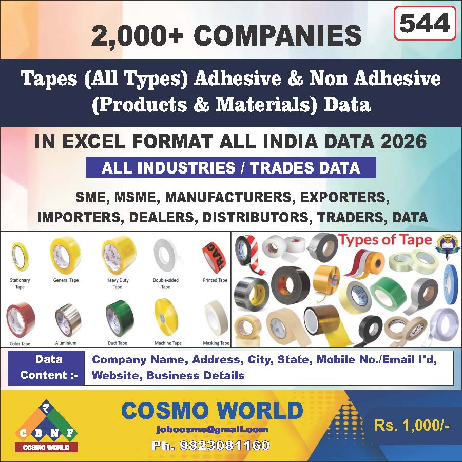 Tapes (All Types) Adhesive & Non Adhesive (Products & Materials) Database by CosmoDatabase — B2B Contact List with Emails and Phone Numbers