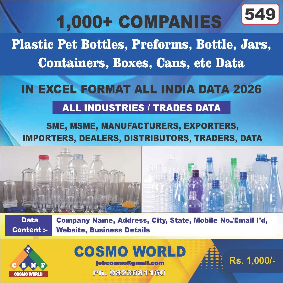 Plastic Pet Bottles, Preforms, Bottle, Jars, Containers, Boxes, Cans, etc Database by CosmoDatabase — B2B Contact List with Emails and Phone Numbers
