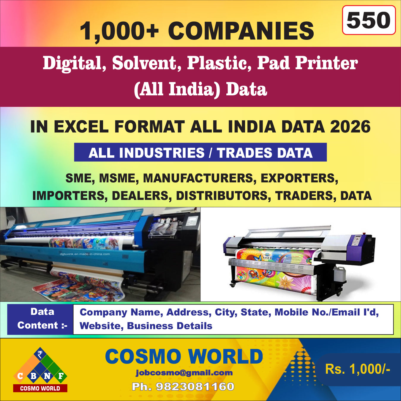 Digital, Solvent, Plastic, Pad Printer (All India) Database by CosmoDatabase — B2B Contact List with Emails and Phone Numbers