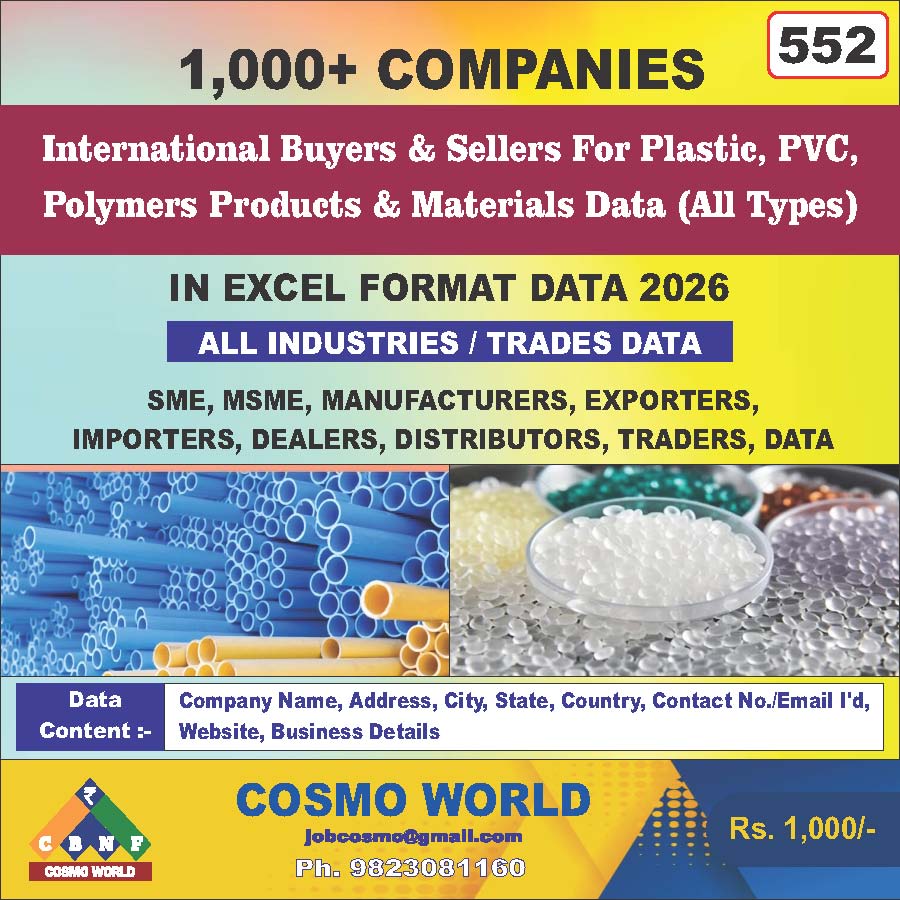 International Buyers & Sellers For Plastic, PVC, Polymers Products & Materials (All Types) Database by CosmoDatabase — B2B Contact List with Emails and Phone Numbers