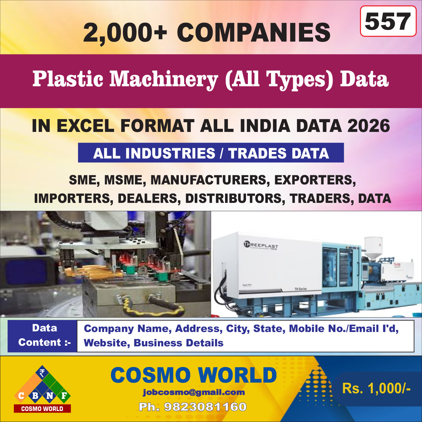 Plastic Machinery (All Types) Database by CosmoDatabase — B2B Contact List with Emails and Phone Numbers