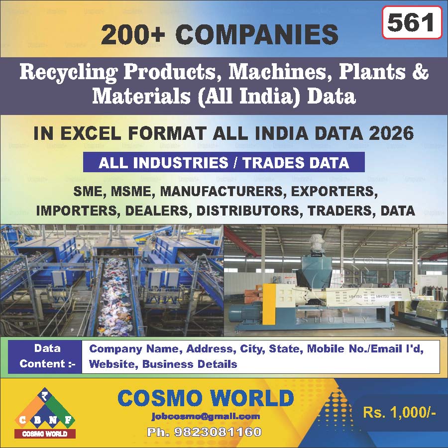 Recycling Products, Machines, Plants & Materials (All India) Database by CosmoDatabase — B2B Contact List with Emails and Phone Numbers