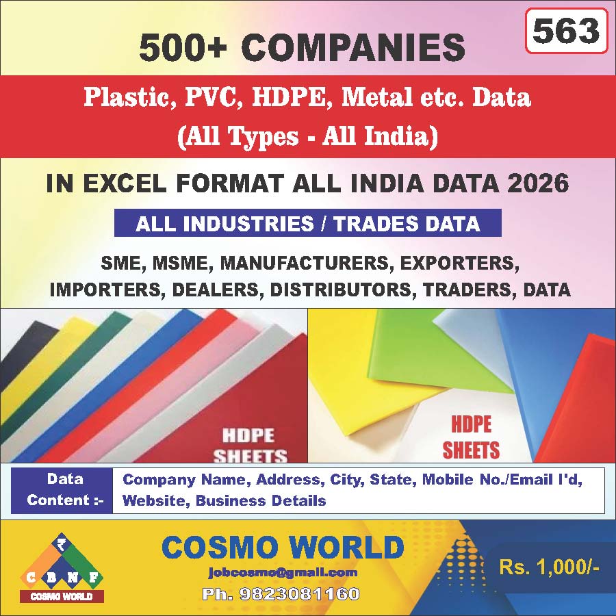 Plastic, PVC, HDPE, Metal etc. (All Types - All India) Database by CosmoDatabase — B2B Contact List with Emails and Phone Numbers