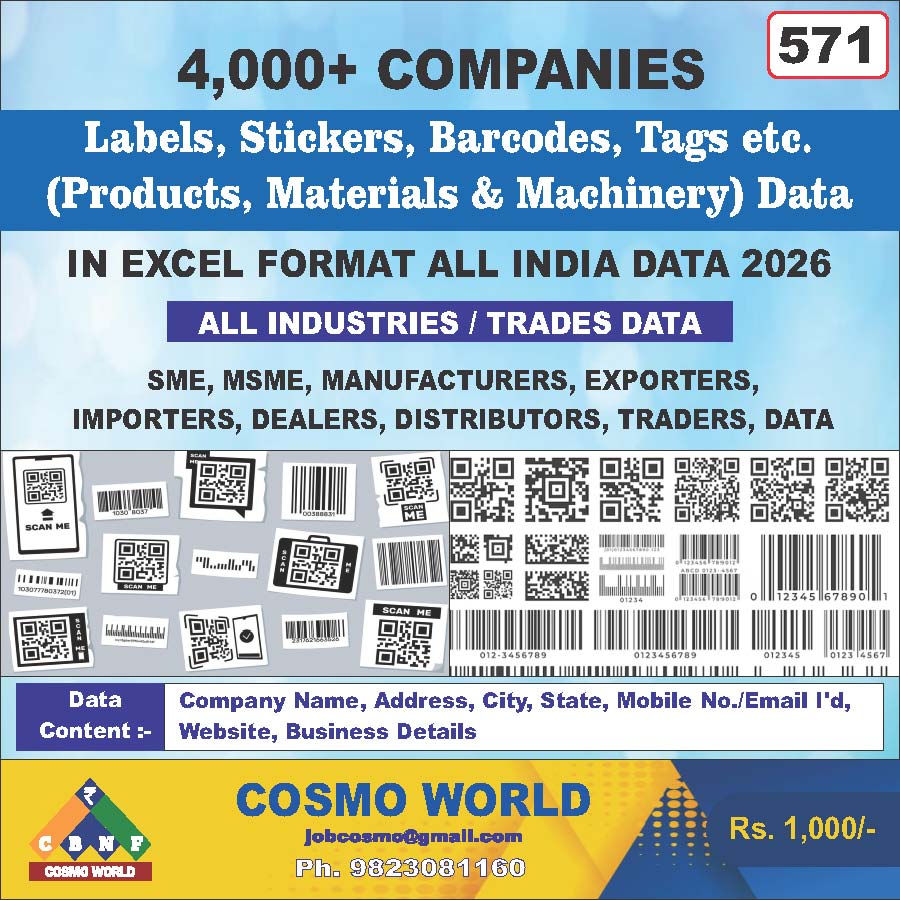 Labels, Stickers, Barcodes, Tags etc. (Products, Materials & Machinery) Database by CosmoDatabase — B2B Contact List with Emails and Phone Numbers