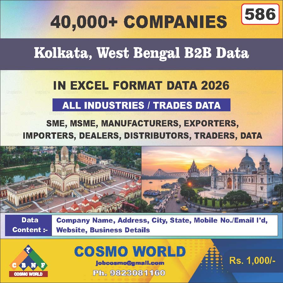 Kolkata, West Bengal B2B Database by CosmoDatabase — B2B Contact List with Emails and Phone Numbers