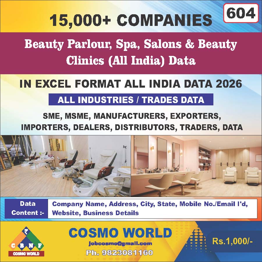 Beauty Parlour, Salon Spa, Massage (Products, Equipments, Essential Oil, Materials & Devices)(All India) Database by CosmoDatabase — B2B Contact List with Emails and Phone Numbers