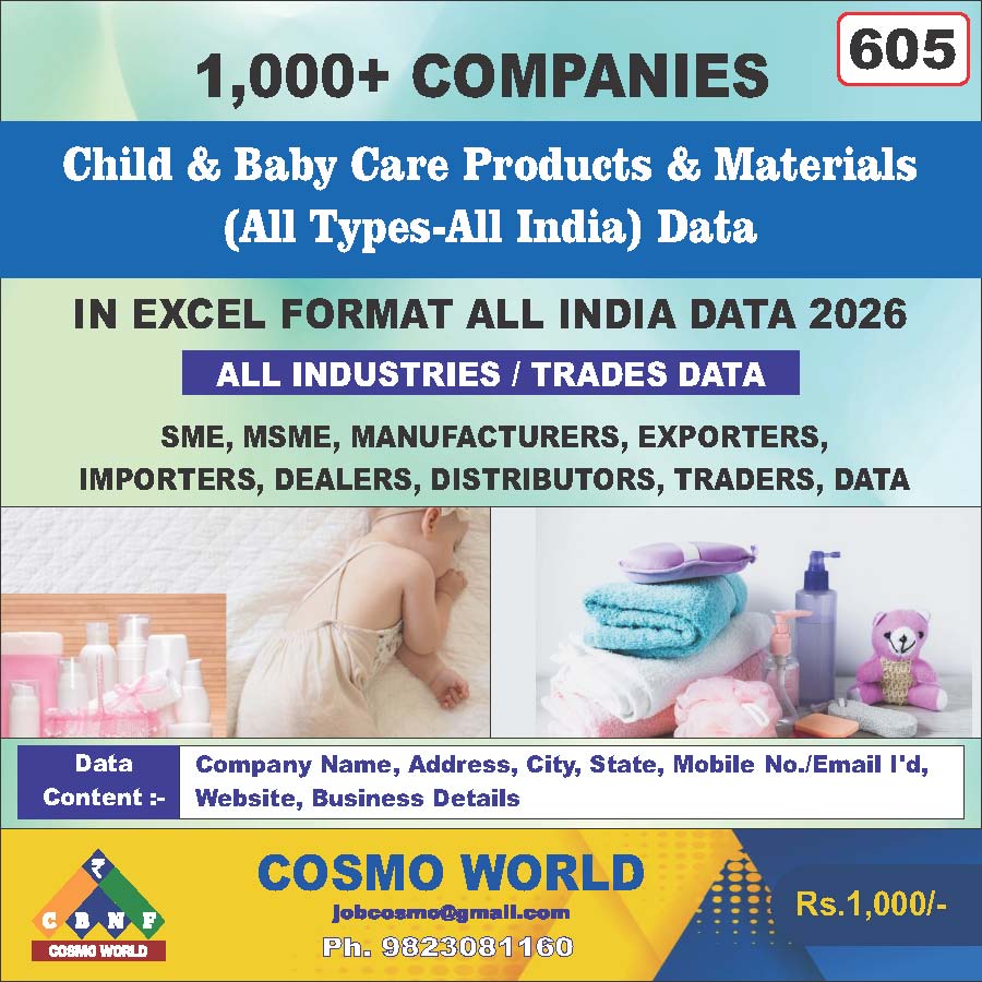 Child & Baby Care Products & Materials (All Types-All India) Database by CosmoDatabase — B2B Contact List with Emails and Phone Numbers