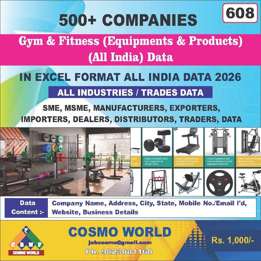 Gym & Fitness (Equipments & Products) (All India) Database by CosmoDatabase — B2B Contact List with Emails and Phone Numbers