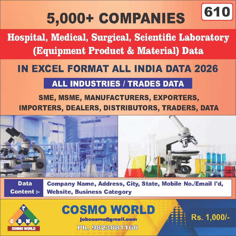 Hospital, Medical, Surgical, Scientific Laboratory (Equipment Product & Material) Database by CosmoDatabase — B2B Contact List with Emails and Phone Numbers