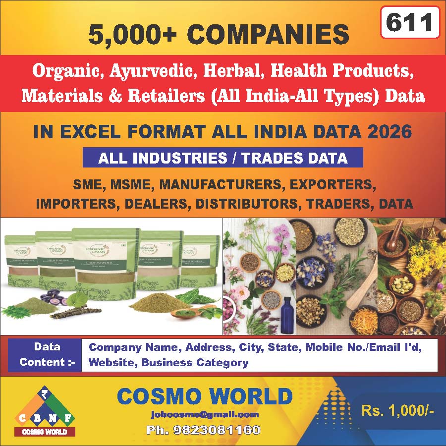 Organic, Ayurvedic, Herbal, Health Products, Materials & Retailers (All India-All Types) Database by CosmoDatabase — B2B Contact List with Emails and Phone Numbers
