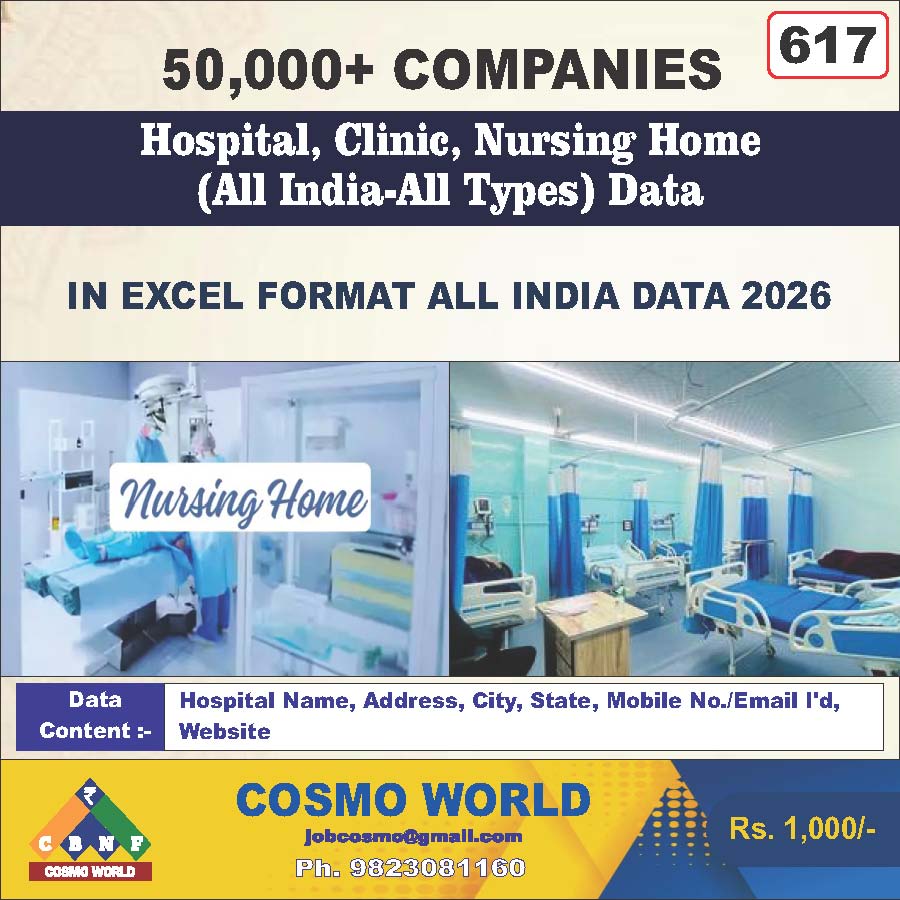 Hospital, Clinic, Nursing Home (All India-All Types) Database by CosmoDatabase — B2B Contact List with Emails and Phone Numbers