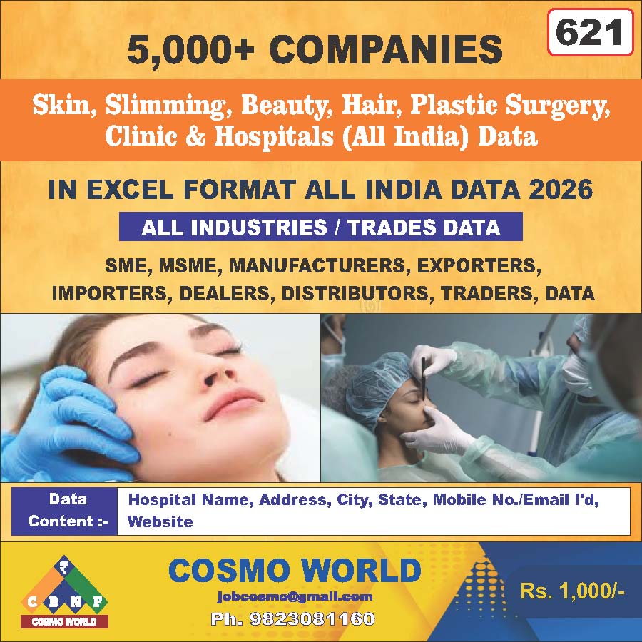 Skin, Slimming, Beauty, Hair, Plastic Surgery, Clinic & Hospitals (All India) Database by CosmoDatabase — B2B Contact List with Emails and Phone Numbers
