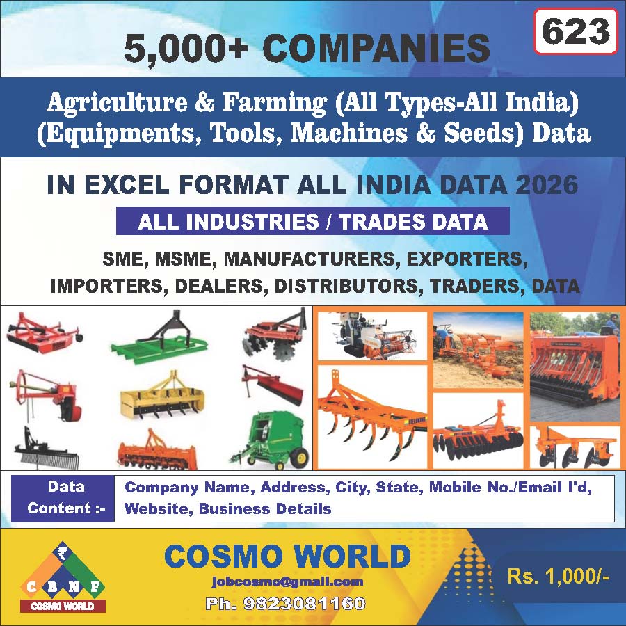Agriculture & Farming (All Types-All India) (Equipments, Tools, Machines & Seeds) Database by CosmoDatabase — B2B Contact List with Emails and Phone Numbers