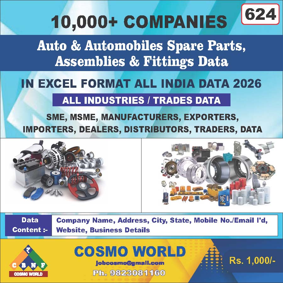 Auto & Automobiles Spare Parts, Assemblies & Fittings Database by CosmoDatabase — B2B Contact List with Emails and Phone Numbers