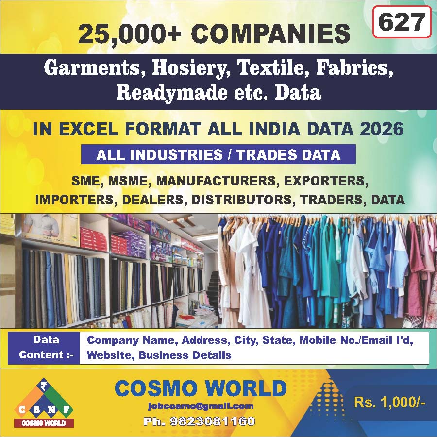 627. Garments, Hosiery, Textile, Fabrics, Readymade etc. Data